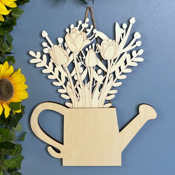 Decorative Wood Watering Can w/ Flowers‎ Wooden Wall Hanging Decor - Picture 1 of 7